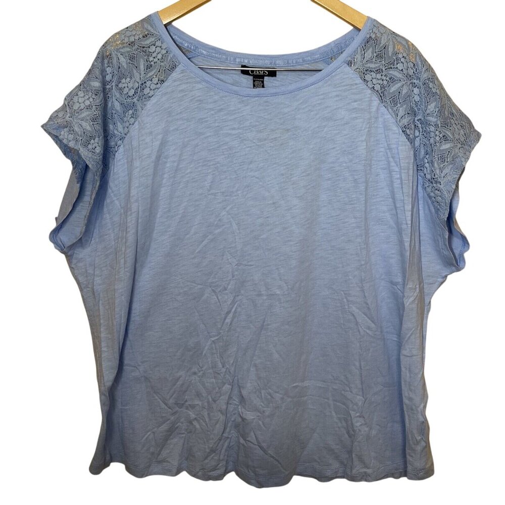 Chaps Women’s 3X Light Blue Lace Sleeve Top Relaxed Fit Cotton Blend NWT